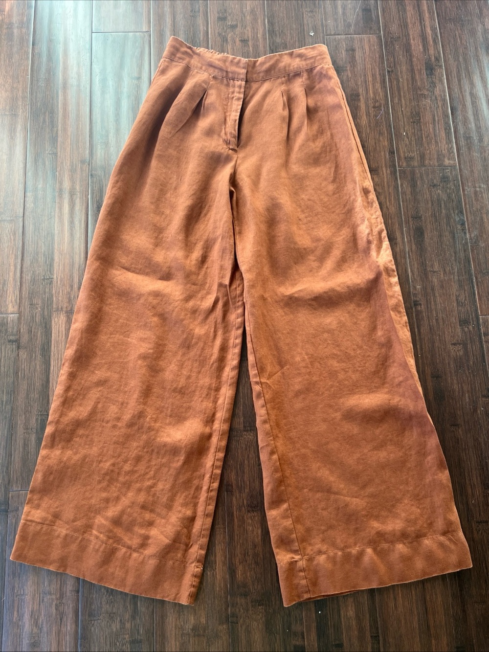 Magaschoni Womens Brown Linen Pleated Wide-Leg Trouser Pants 29” Inseam Small